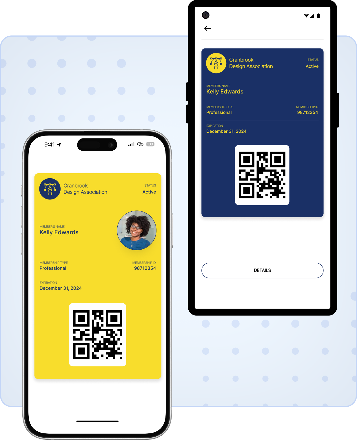 Two smartphone screens showing digital membership cards for Cranbrook Design Association with member Kelly Edwards, status active, professional membership, expiration December 31, 2024, membership ID 98712354, and QR codes; left screen yellow with photo, right screen blue without photo, with details button.
